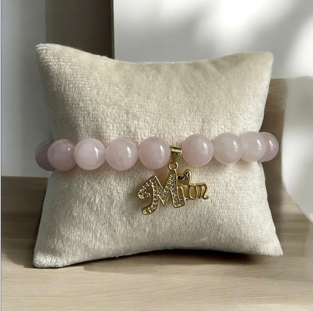 Rose Quartz Gemstone with Pave Mom Pendadnt